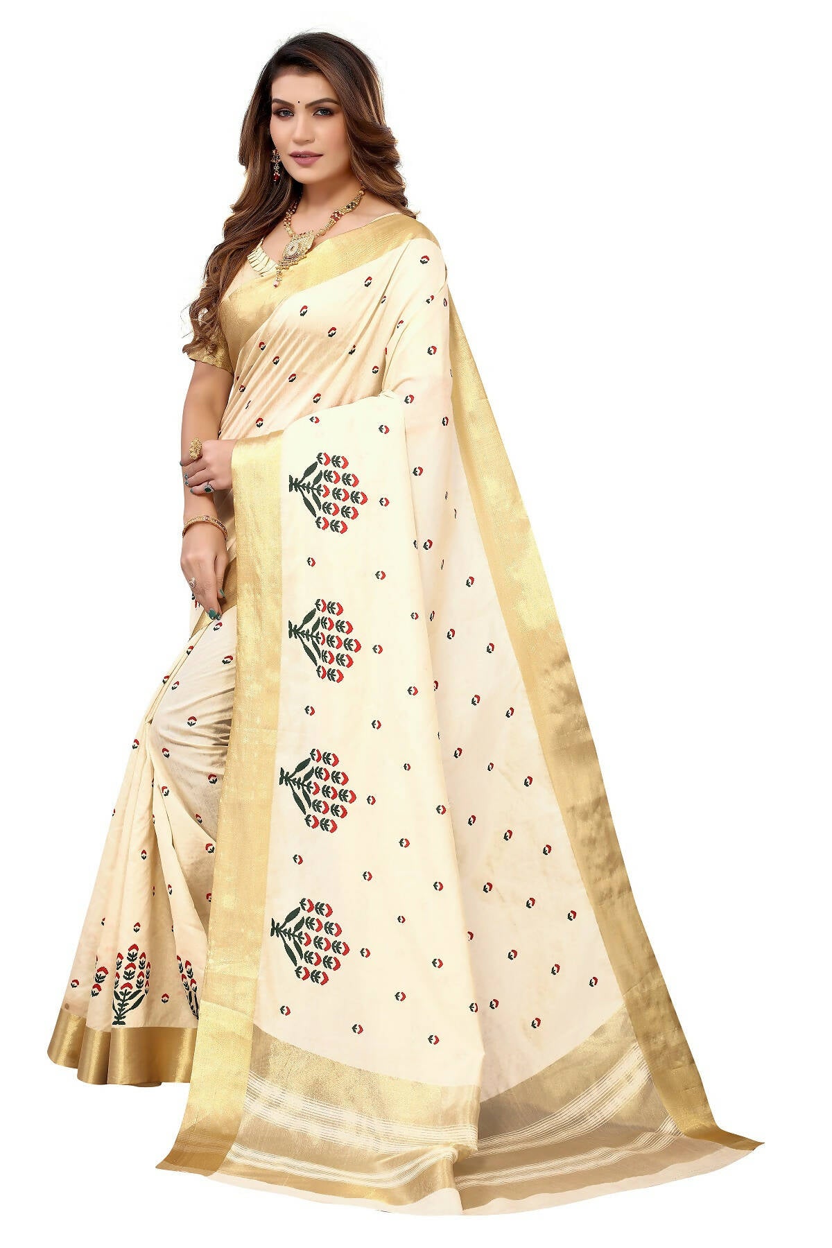Vamika Cream Weaving Cotton Polyester Silk Saree - Distacart