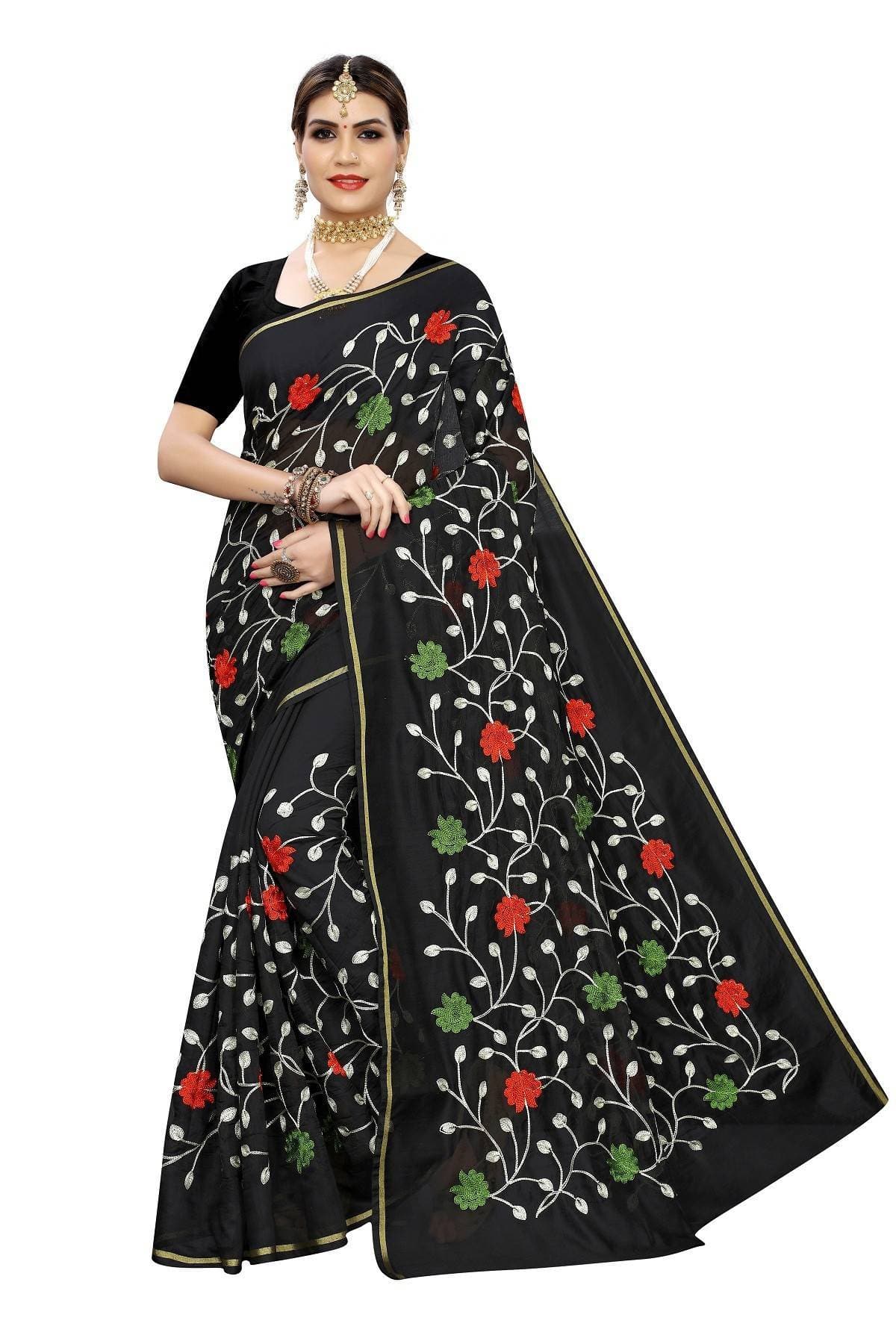 Vamika Black Chanderi Cotton Embroidery Saree
