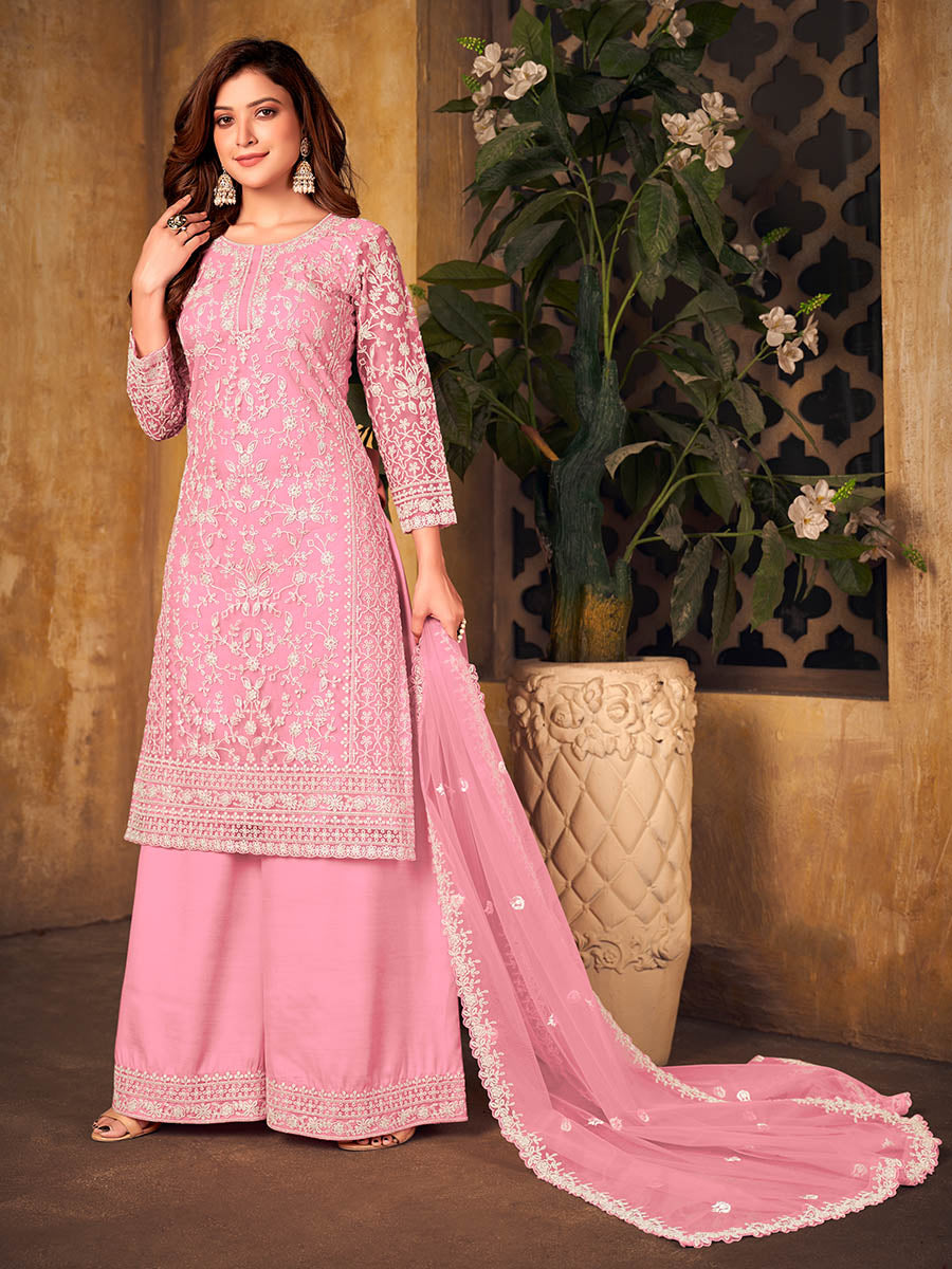 Myra Baby Pink Net Embroidered Palazzo Suit - Distacart