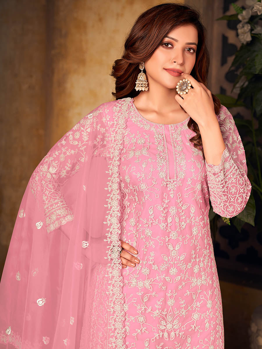 Myra Baby Pink Net Embroidered Palazzo Suit - Distacart