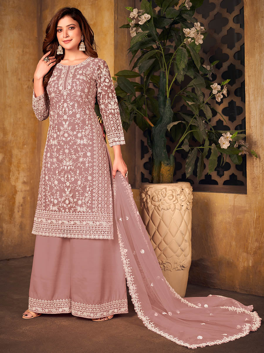 Myra Dusty Pink Net Embroidered Palazzo Suit - Distacart