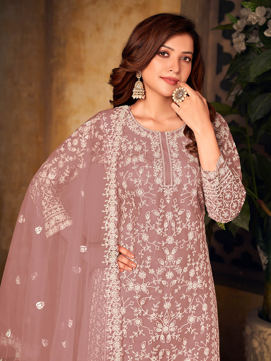 Myra Dusty Pink Net Embroidered Palazzo Suit - Distacart