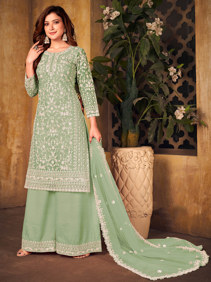 Myra Mint Green Net Embroidered Palazzo Suit - Distacart