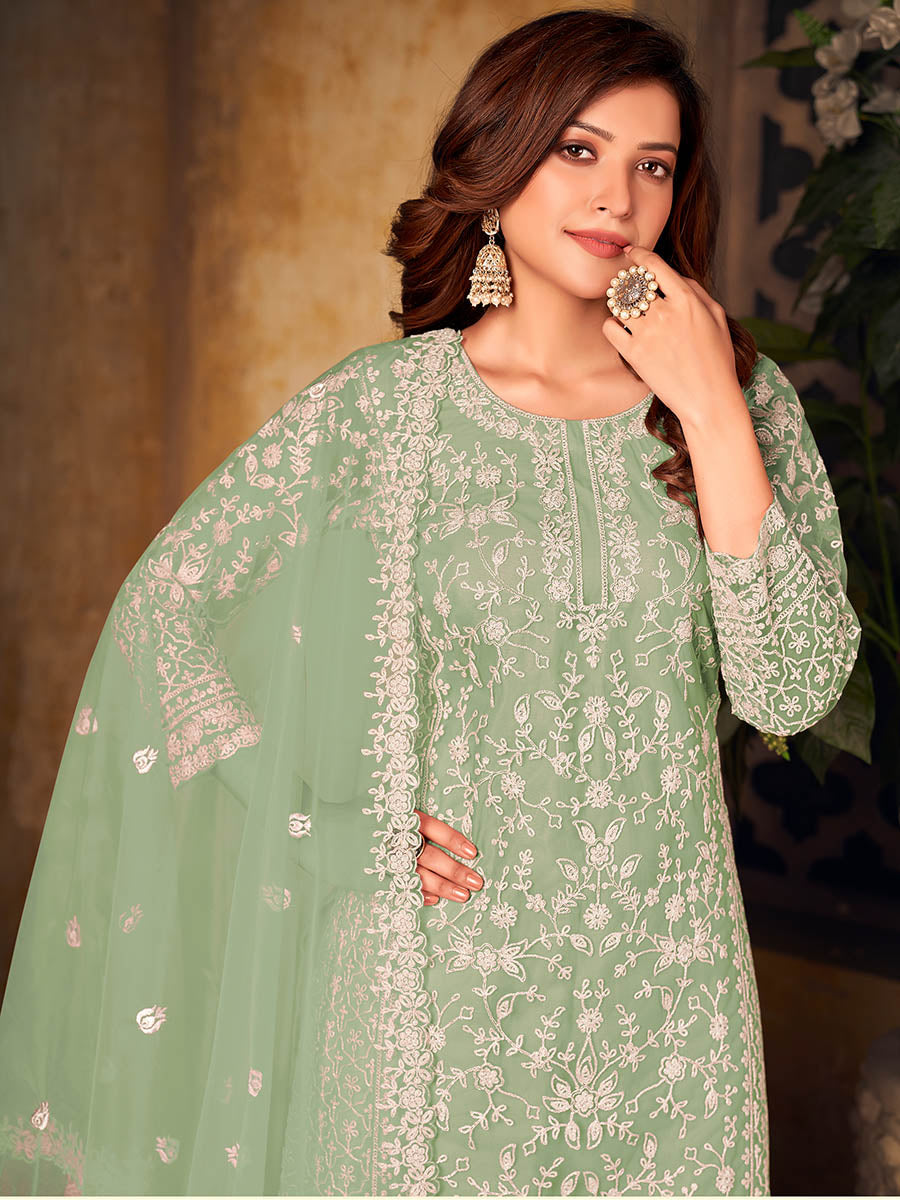 Myra Mint Green Net Embroidered Palazzo Suit - Distacart