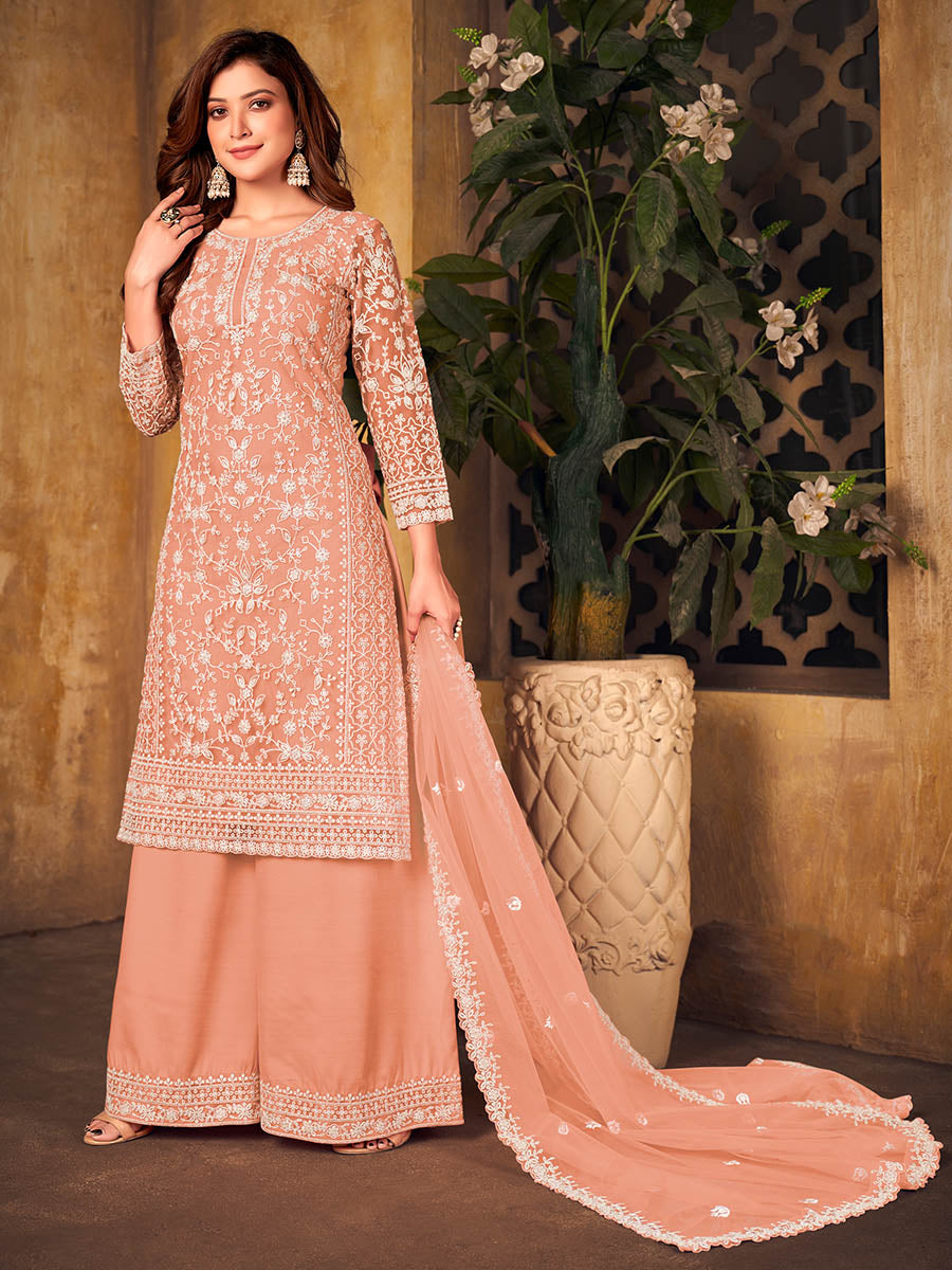 Myra Orange Net Embroidered Palazzo Suit - Distacart