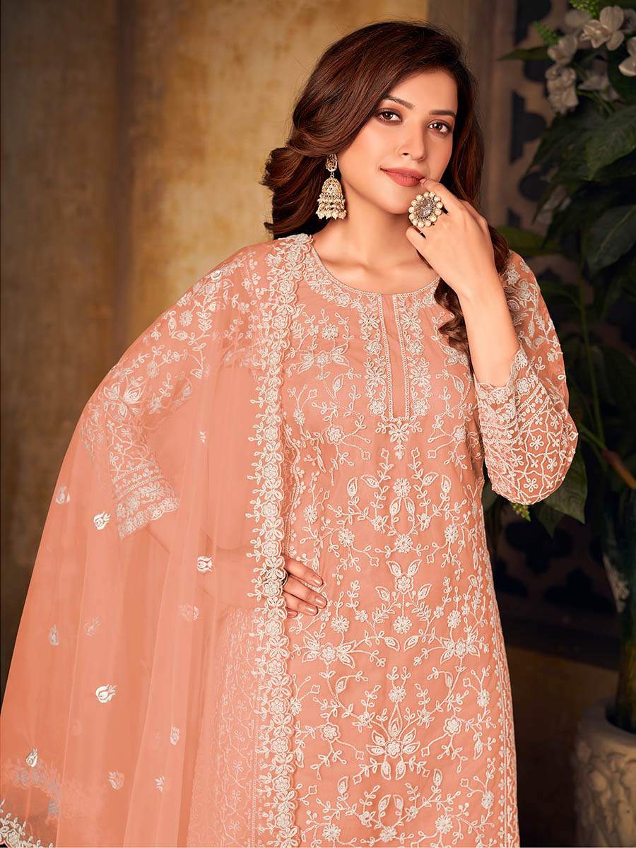 Myra Orange Net Embroidered Palazzo Suit - Distacart