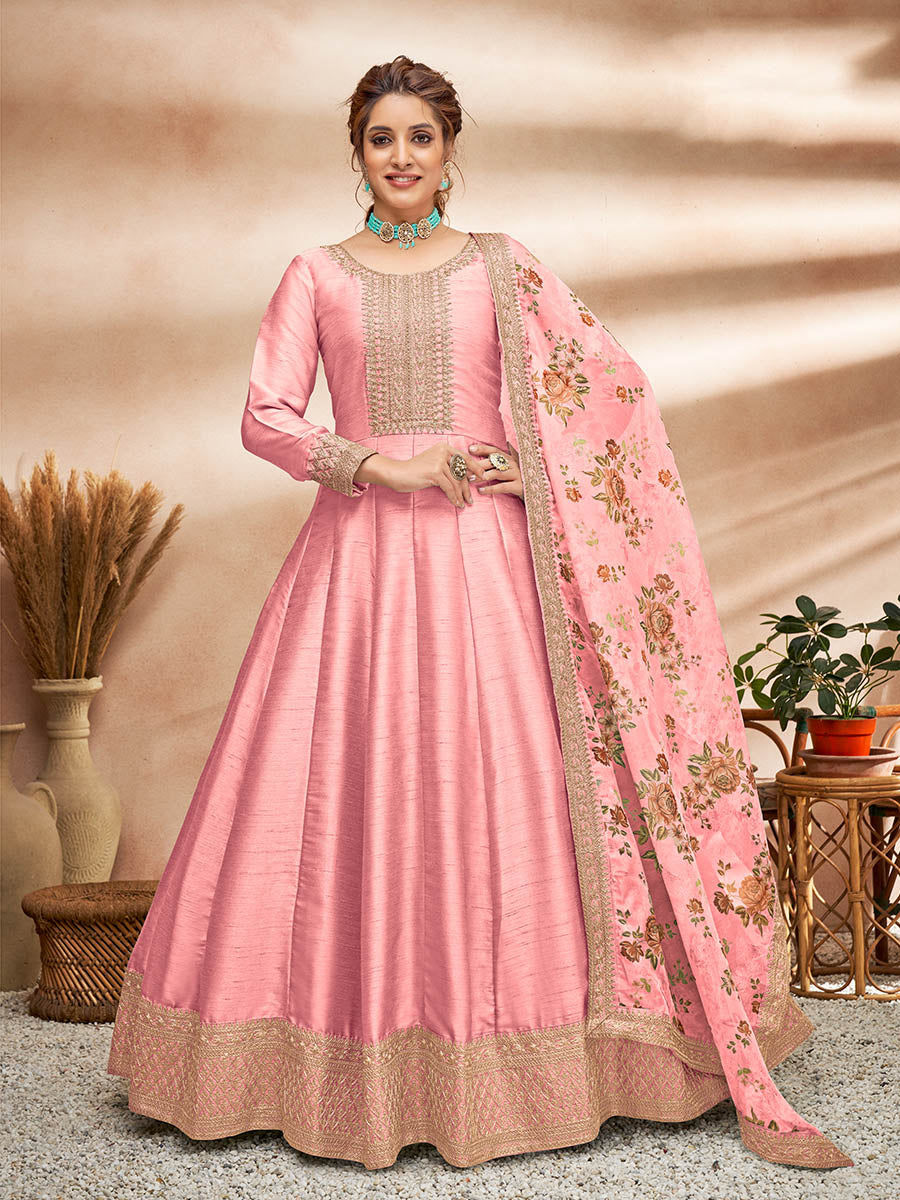 Myra Baby Pink Art Silk Embroidered Anarkali Suit - Distacart