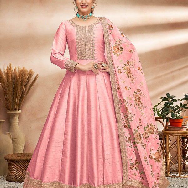 Myra Baby Pink Art Silk Embroidered Anarkali Suit - Distacart
