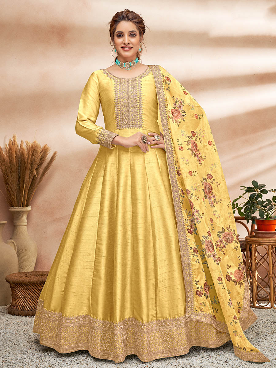 Myra Yellow Art Silk Embroidered Anarkali Suit - Distacart