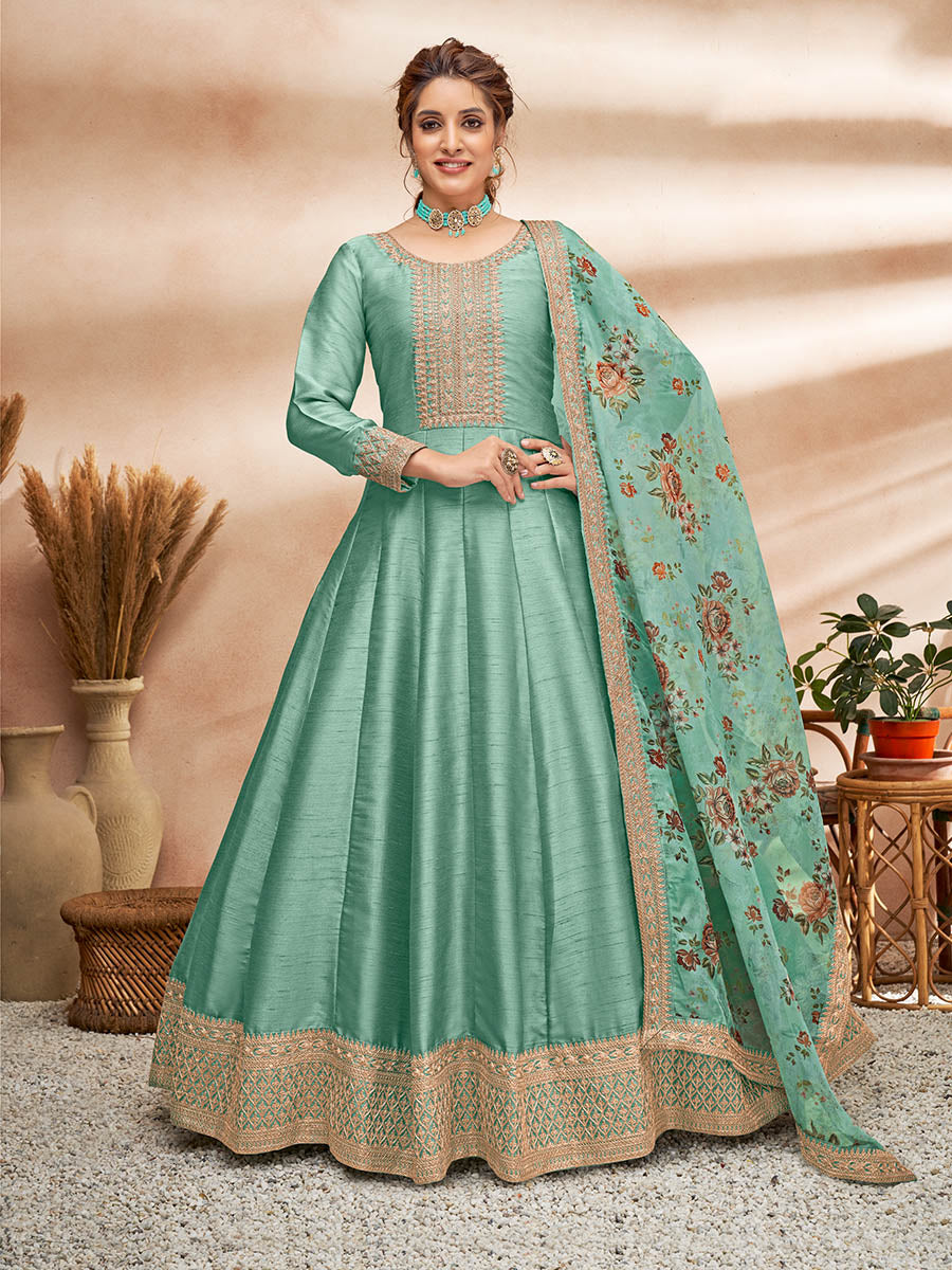 Myra Sea Green Art Silk Embroidered Anarkali Suit - Distacart
