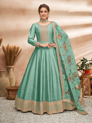 Myra Sea Green Art Silk Embroidered Anarkali Suit - Distacart