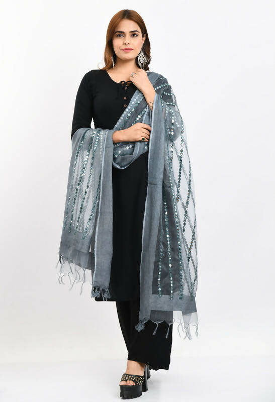 Mominos Fashion Moeza Women's Orgenza Mirror Stripe Thread Work Grey Dupatta - Distacart