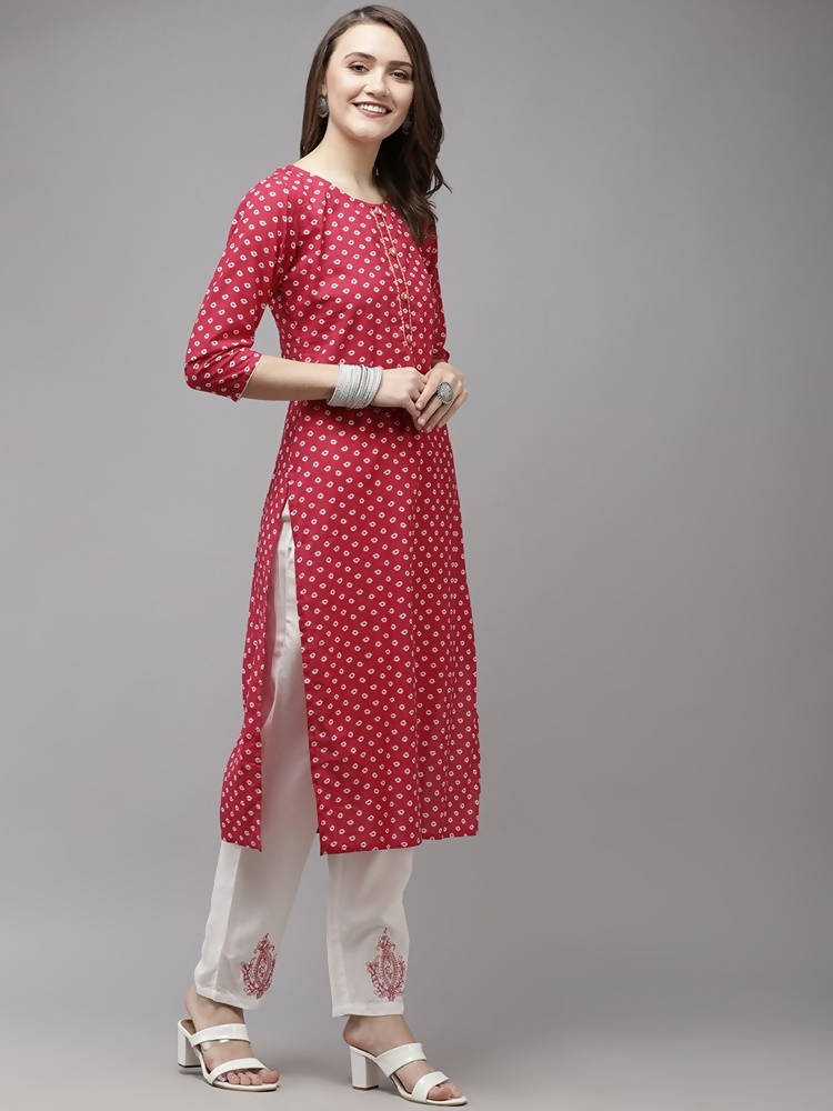 Yufta Women Pink And White Printed Kurta with Trouser & With Dupatta