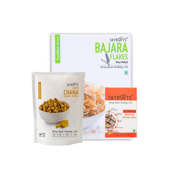 Skyroots Bajara Flakes + Roasted Turmeric Chana + Walnut millet bar Combo Pack