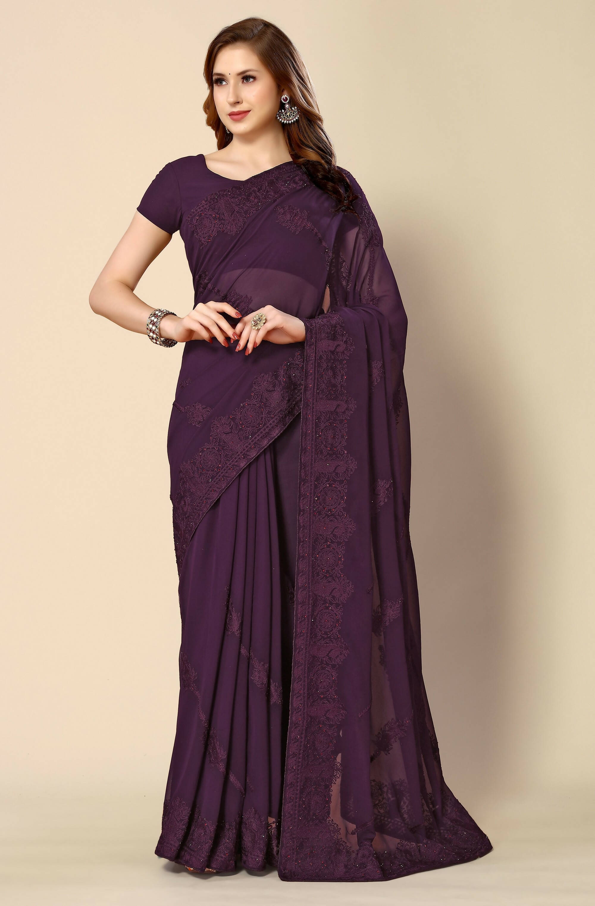 Purple Georgette Embroidered and Stone Work Saree with Unstitched Blouse Piece - Roozal - Distacart