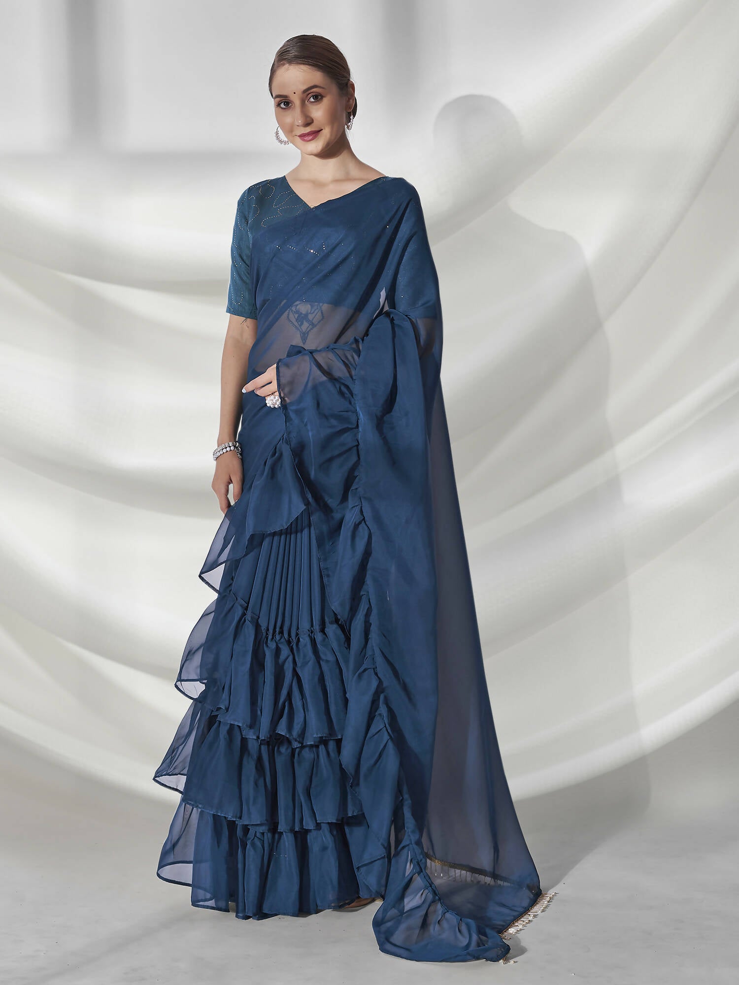 Teal Organza Solid Saree With Unstitched Blouse Piece - Shanaya - Distacart