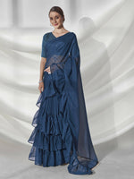 Thumbnail for Teal Organza Solid Saree With Unstitched Blouse Piece - Shanaya - Distacart