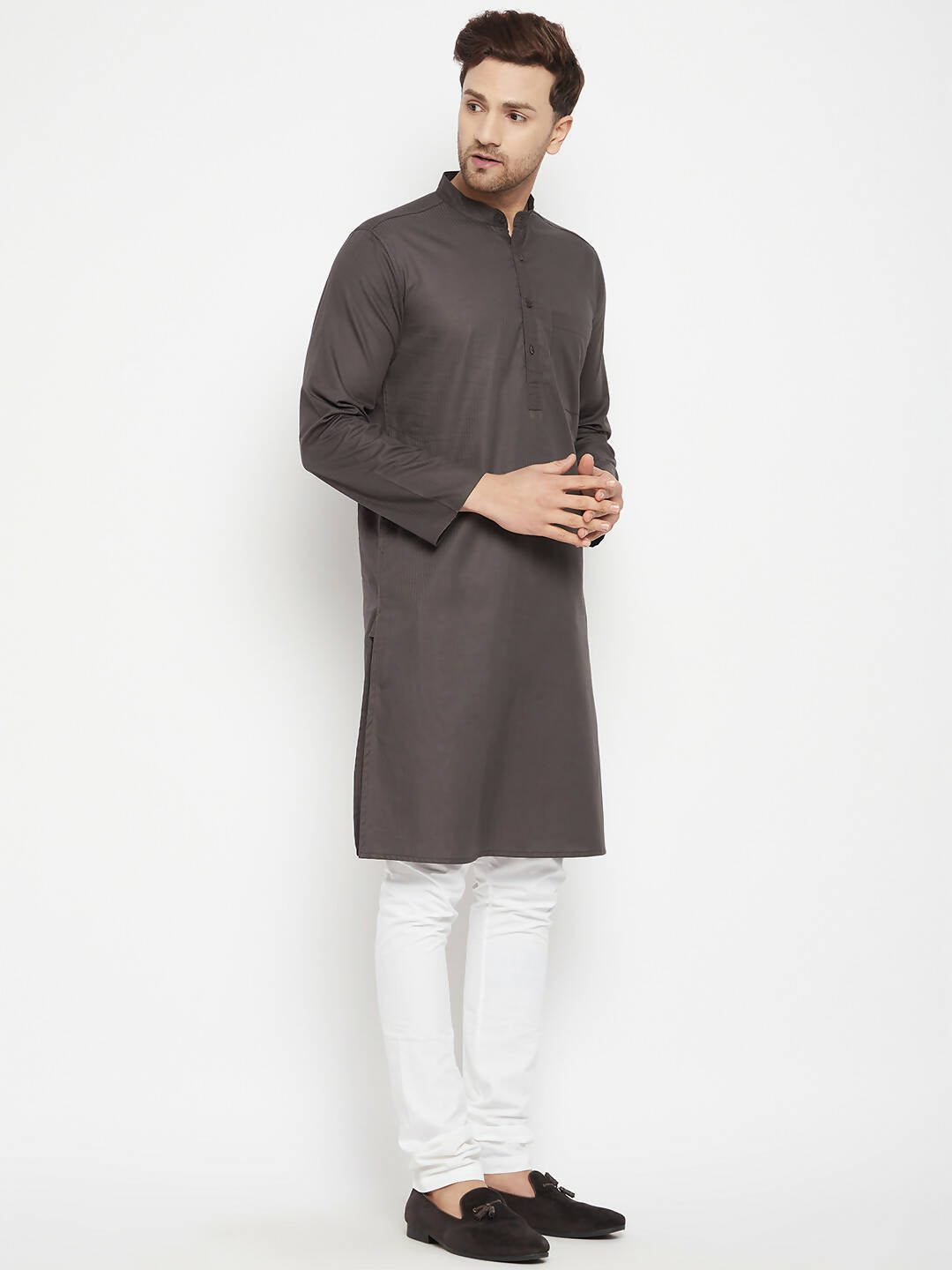Even Apparels Brown Pure Cotton Long Men's Kurta With Band Collar - Distacart