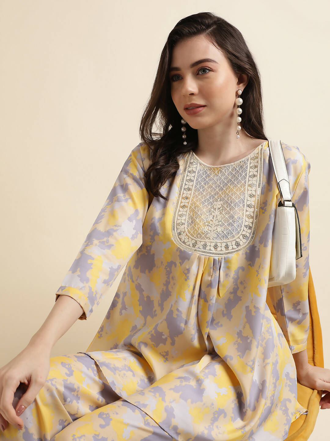 Yellow & Grey Poly Crepe Digital Printed Top with Matching Bottom - Preeti - Distacart