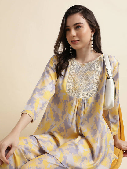 Yellow & Grey Poly Crepe Digital Printed Top with Matching Bottom - Preeti - Distacart