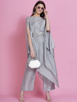 Women Republic Grey Opara Silk Kurta With Belt And Palazzo - Distacart