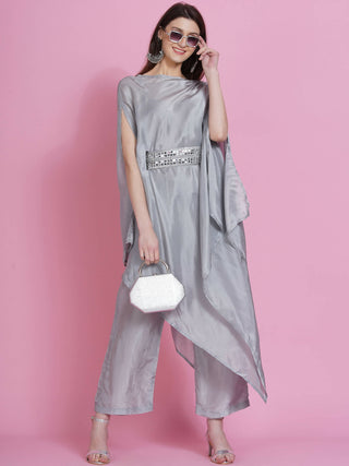 Women Republic Grey Opara Silk Kurta With Belt And Palazzo - Distacart
