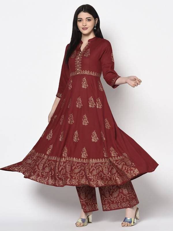 Aniyah Rayon Maroon Block Print Anarkali Palazzo Set (AN-212K)