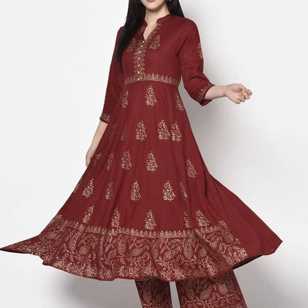 Aniyah Rayon Maroon Block Print Anarkali Palazzo Set (AN-212K)
