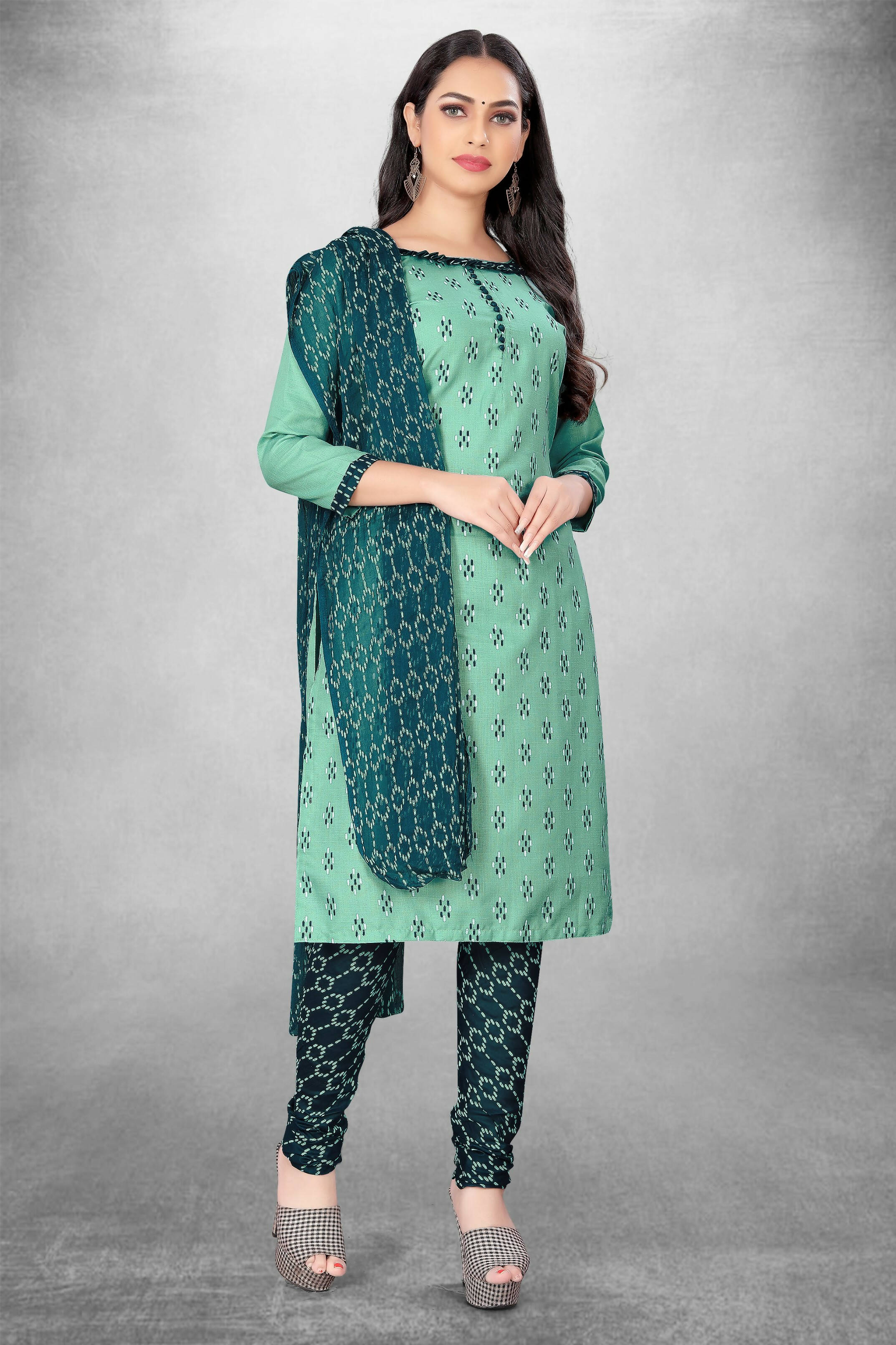 Sea Green Cotton Printed Unstitched Dress Material - Amara - Distacart