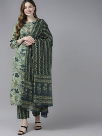 Thumbnail for Yufta Women Teal and Beige Floral Dyed Pure Cotton Kurta with Palazzo and Dupatta