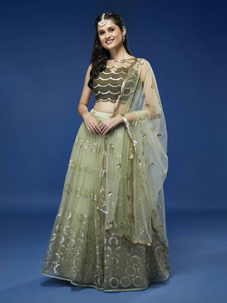 House of Panchhi Lime Green Net Embroideried Round Sequins Lehenga - Distacart
