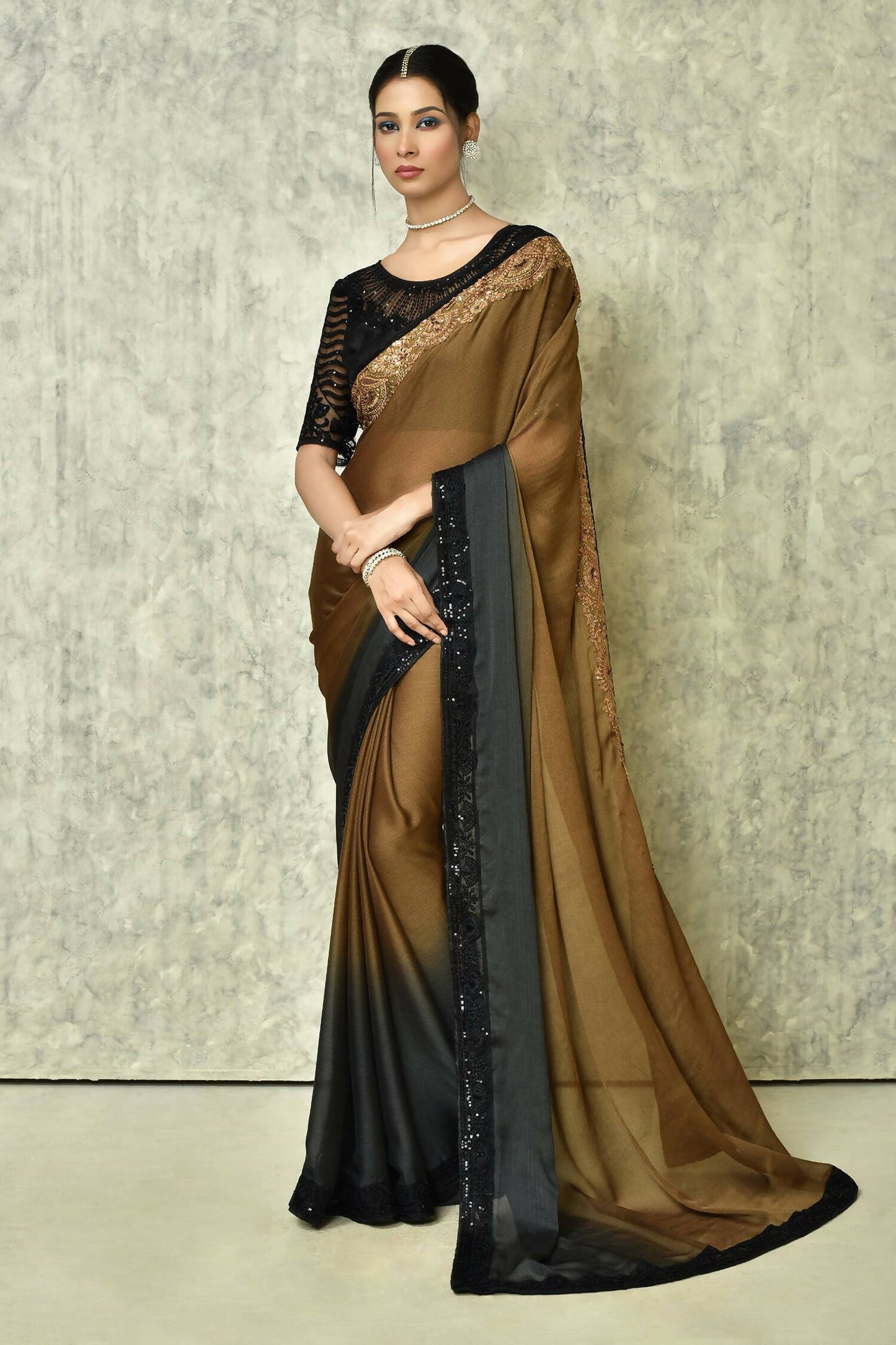Brown Silk Solid Designer Saree with Blouse - Purvi - Distacart