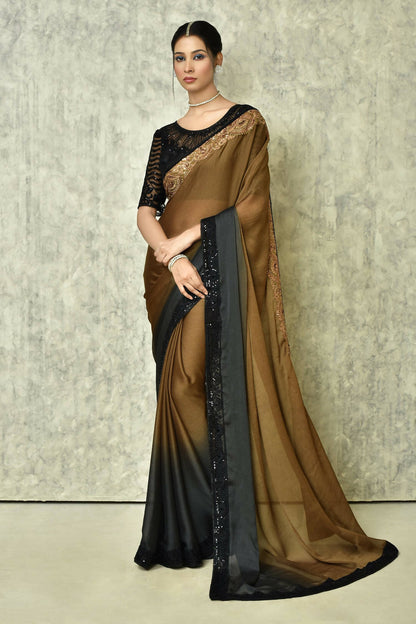 Brown Silk Solid Designer Saree with Blouse - Purvi - Distacart