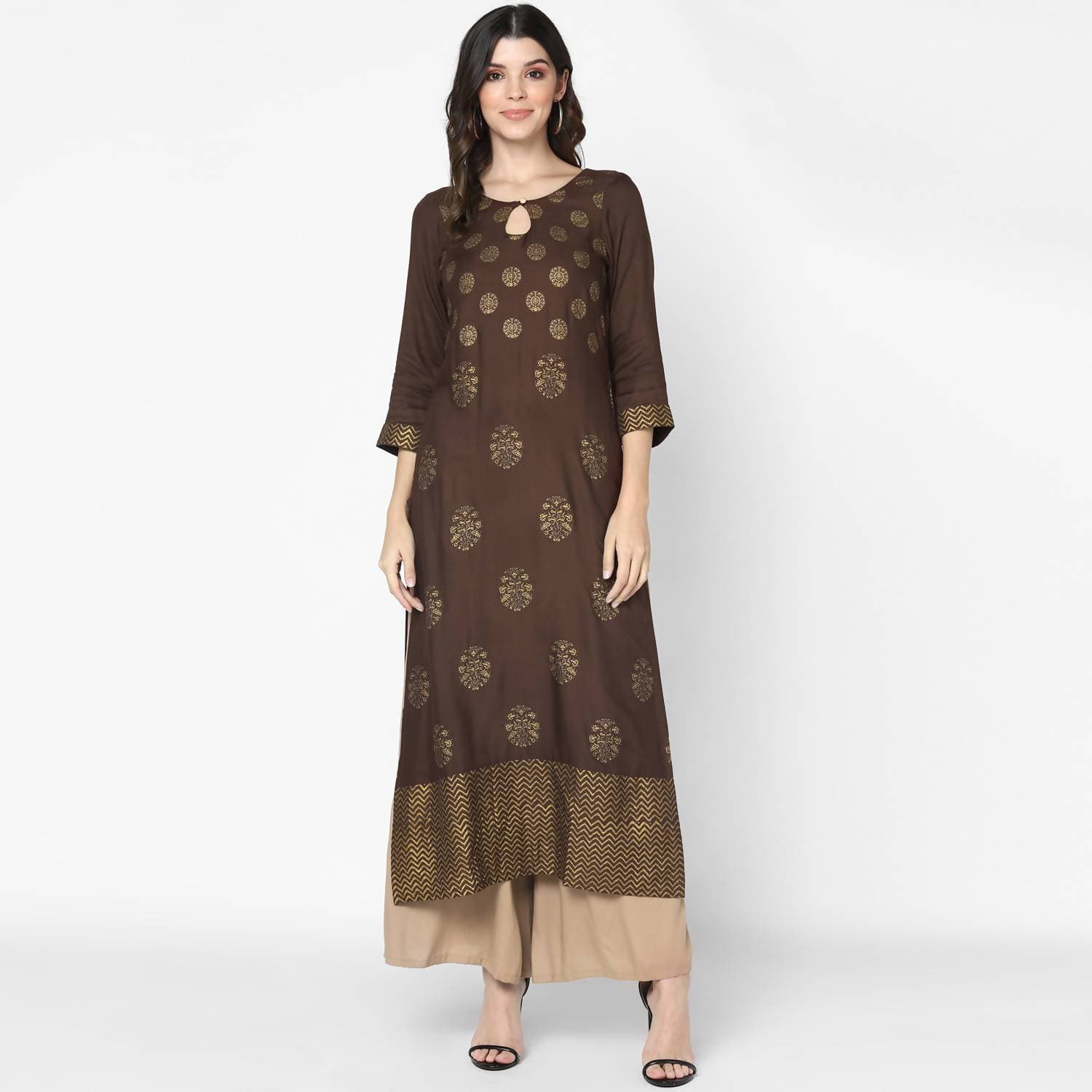 Cheera Hand Block Print Brown A Line Kurta (MAAI-055K)