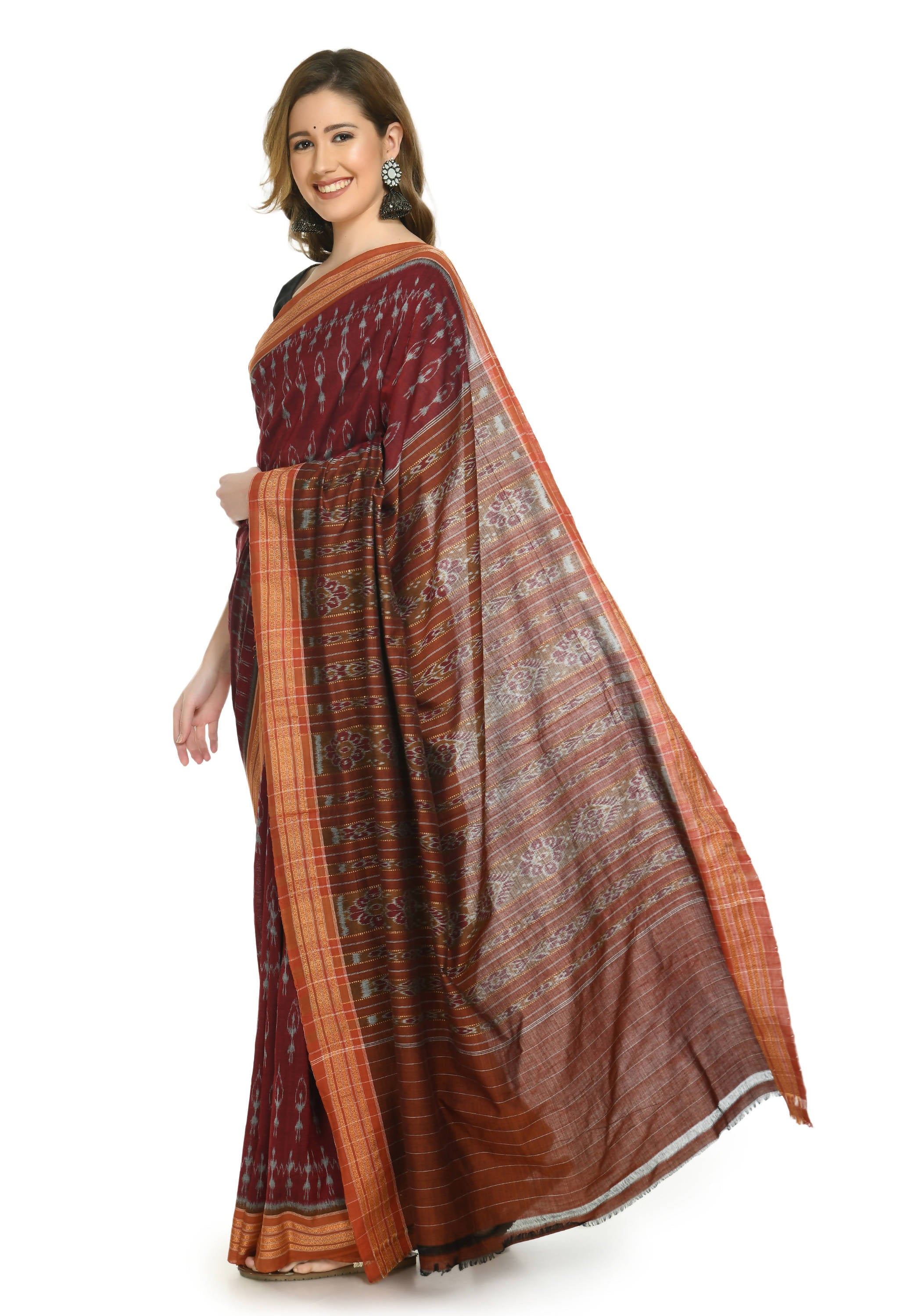 Vamika Sambalpuri Ikat Cotton Dehabandha Black & Maroon Saree - Distacart