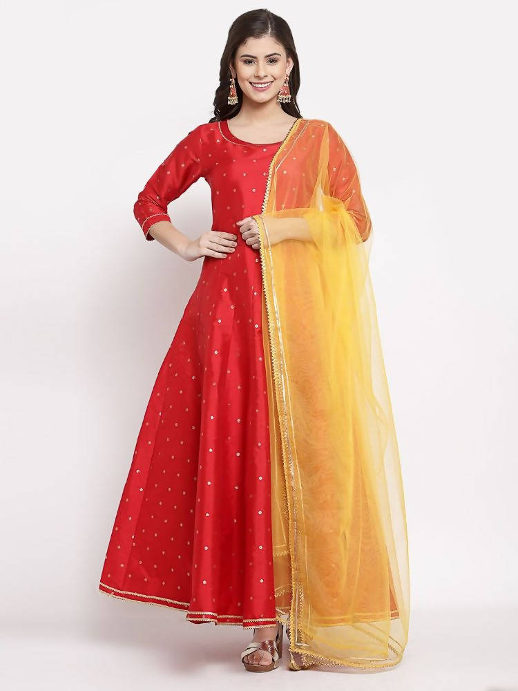 Myshka Women's Red Silk Solid 3/4 Sleeve Round Neck Casual Anarkali Kurta Dupatta Set