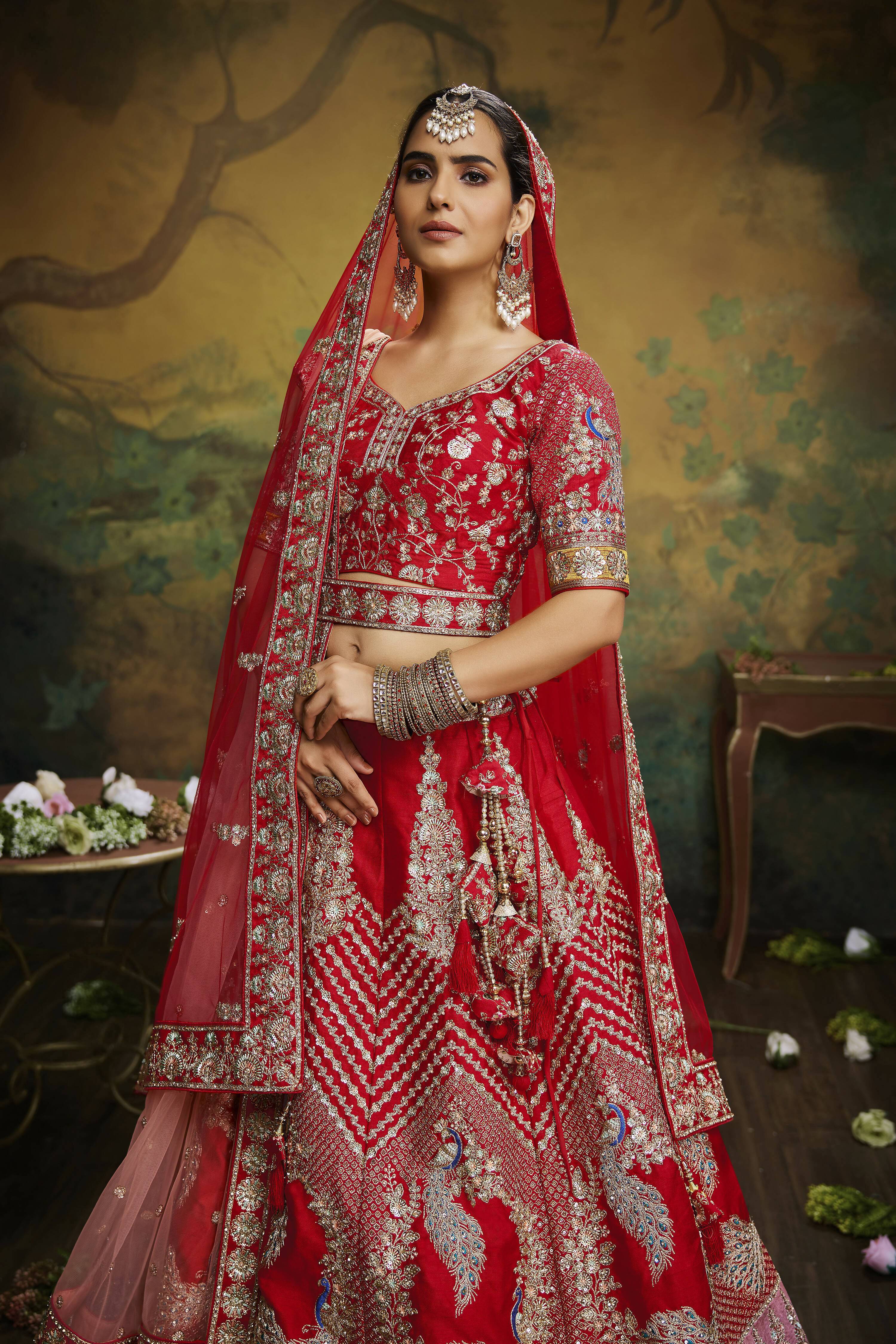 House of Panchhi Red Pure Silk Moti & Zarkan heavy embroidery Lehenga choli & Dupatta - Distacart