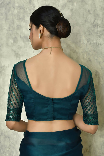 Teal Silk Solid Designer Saree with Blouse - Purvi - Distacart