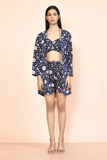 Navy Blue Platinum Creap Printed Co-Sets - Femella - Distacart
