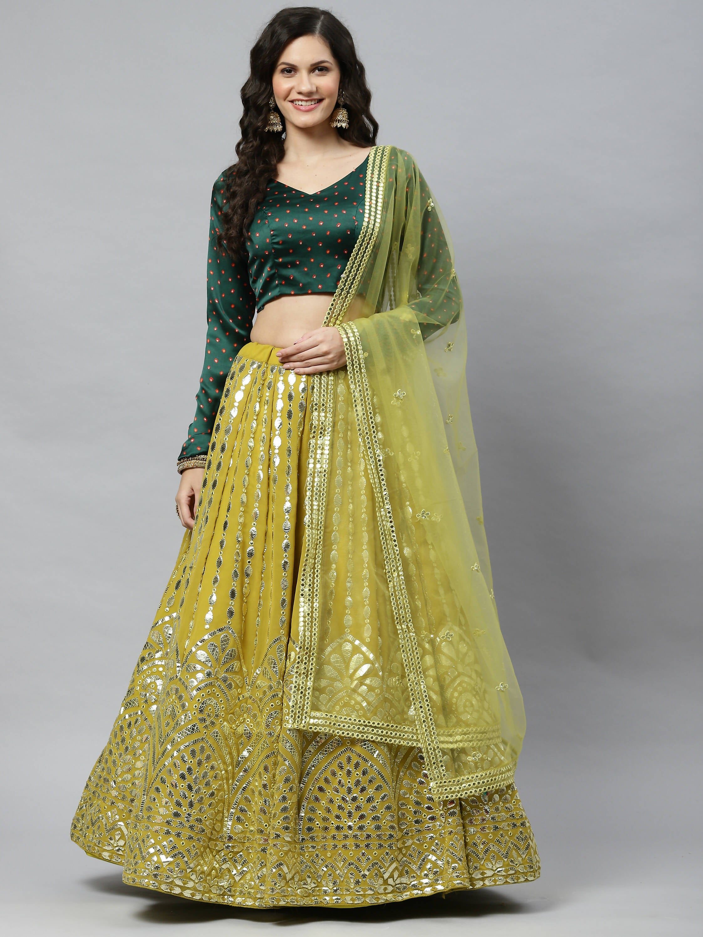 Fluorescent green Georgette Paper Mirror Embroidery Work Lehenga Choli with Dupatta - Jivika - Distacart