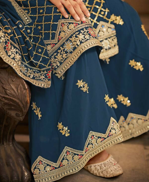 Teal Heavy Chinon Semi Stitched Kurta with Bottom & Dupatta - Dhvani - Distacart