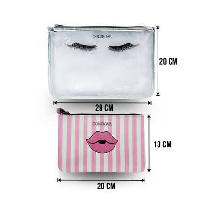 Colorbar Pouch Lips & Lashes Flat Pouches (Set Of Two) - White+Blush Pink - Distacart