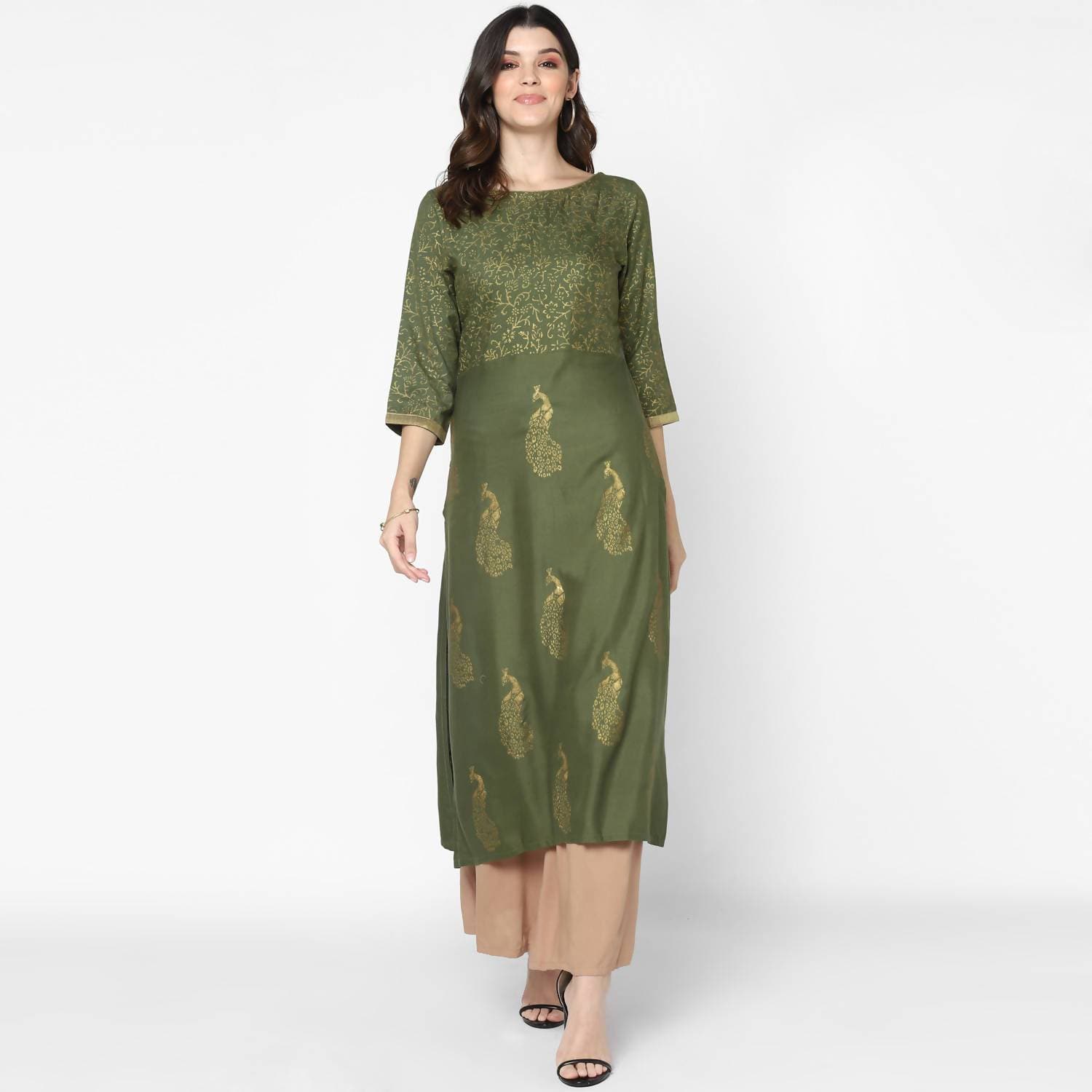 Cheera Hand Block Print Olive Green & Skin Color Straight Kurta With Palazzo (MAAI-083K)