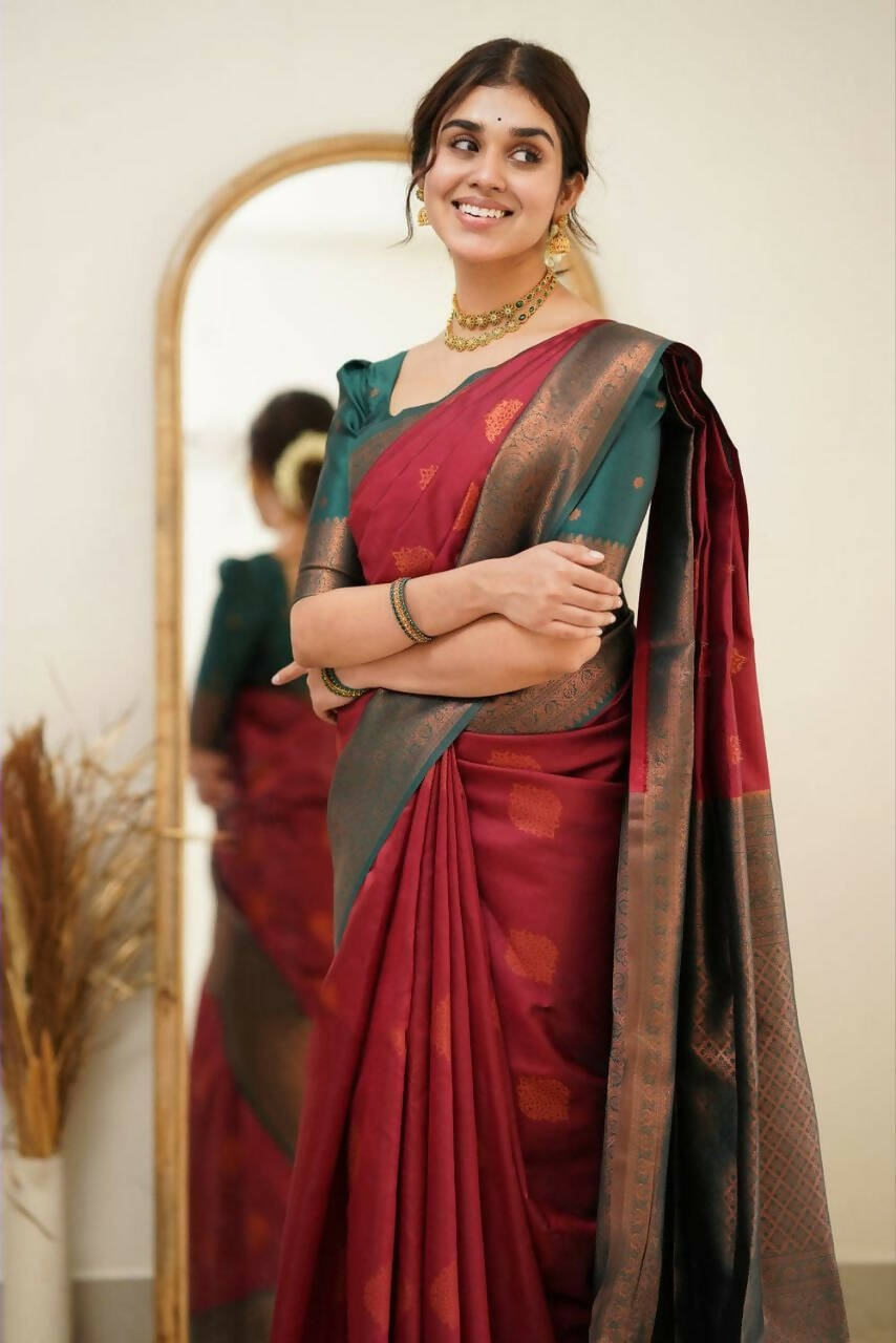 DEIANA'S Beautiful Golden Jari with New Design Soft Lichi Silk Saree - Maroon - Distacart