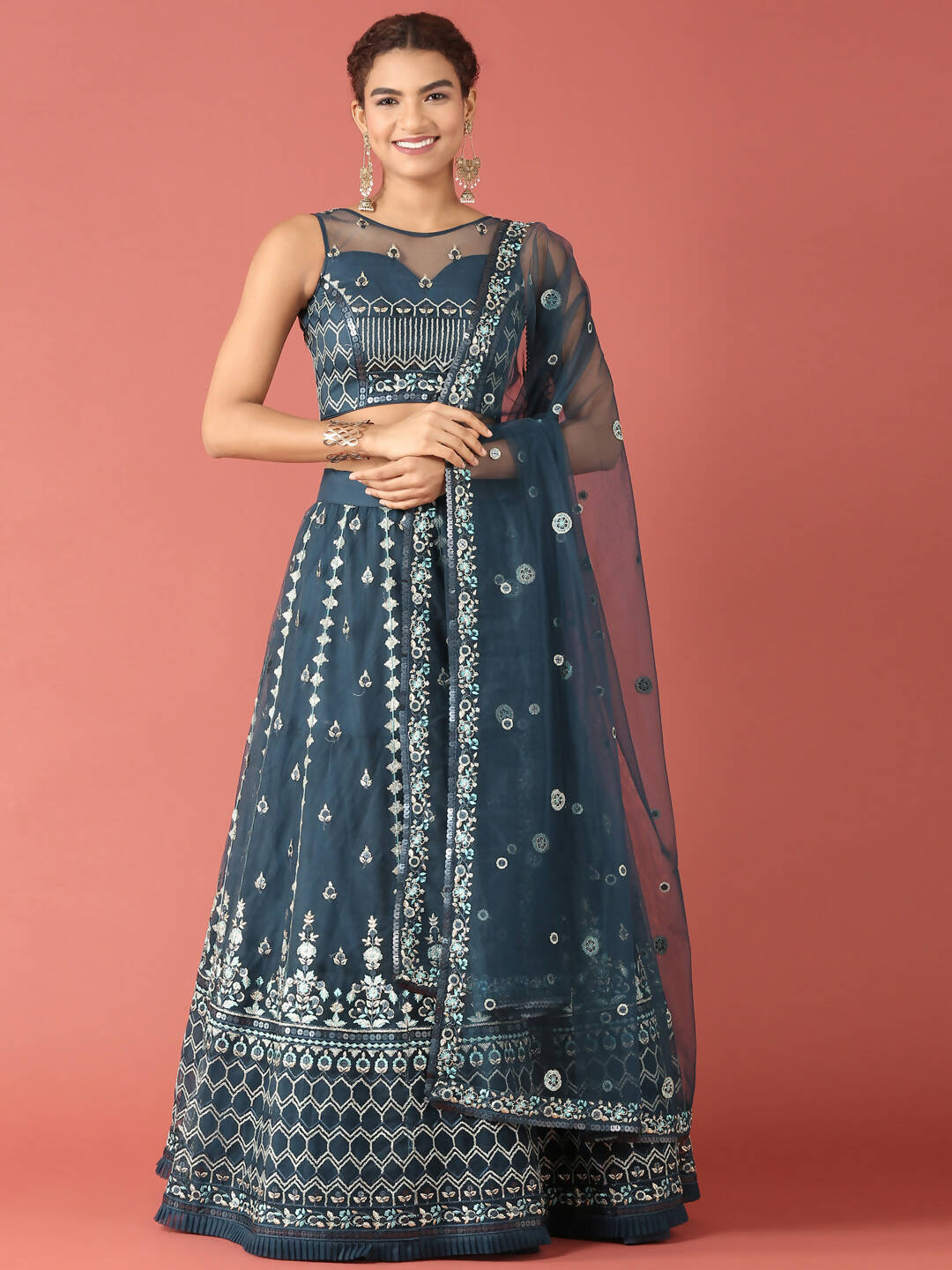 House of Panchhi Navy Blue Net Sequinse Work Lehenga & Blouse, Dupatta - Distacart