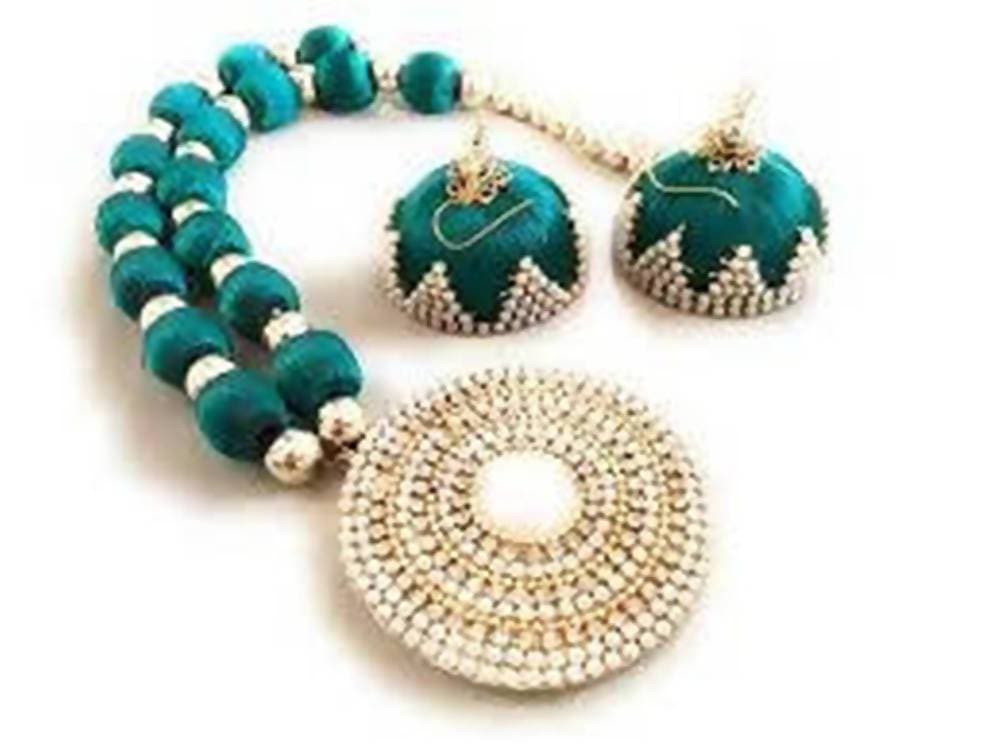 Light Green Silk Threaded Necklace Set And Earrings