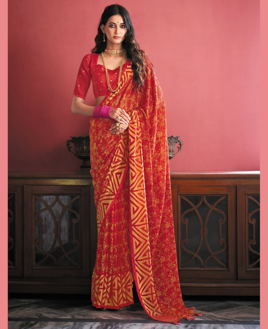 Red Georgette Brasso Floral Printed Saree With Unstitched Blouse Piece - Zyanya - Distacart