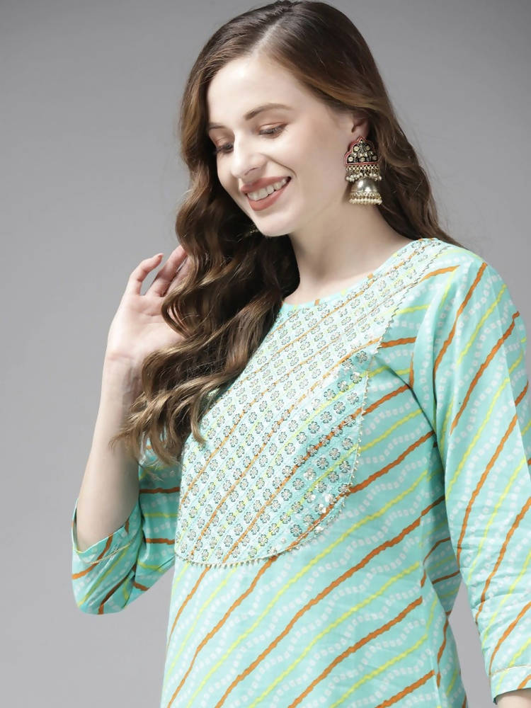 Yufta Women Sea Green Bandhani Striped Regular Sequined Pure Cotton Kurta with Palazzo