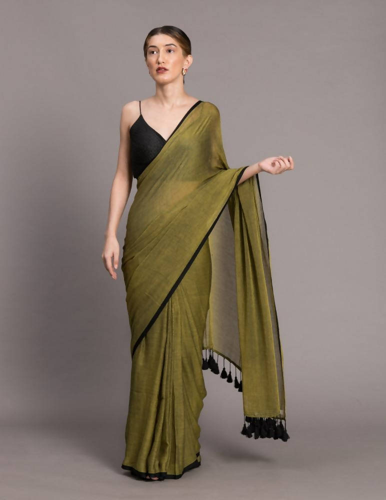 Suta Olive Green Black Solid Pure Cotton Saree - Distacart