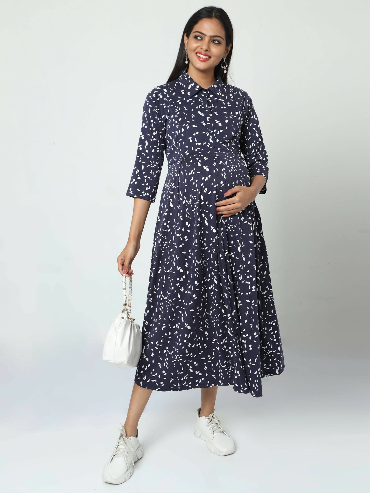 Manet Three Fourth Maternity Dress White Dot Print With Concealed Zipper Nursing Access - Navy Blue - Distacart